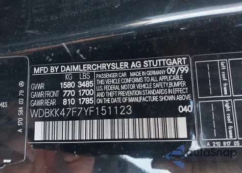 2000 Mercedes-Benz Slk 230 Kompressor из США, поврежденный, VIN WDBKK47F7YF151123